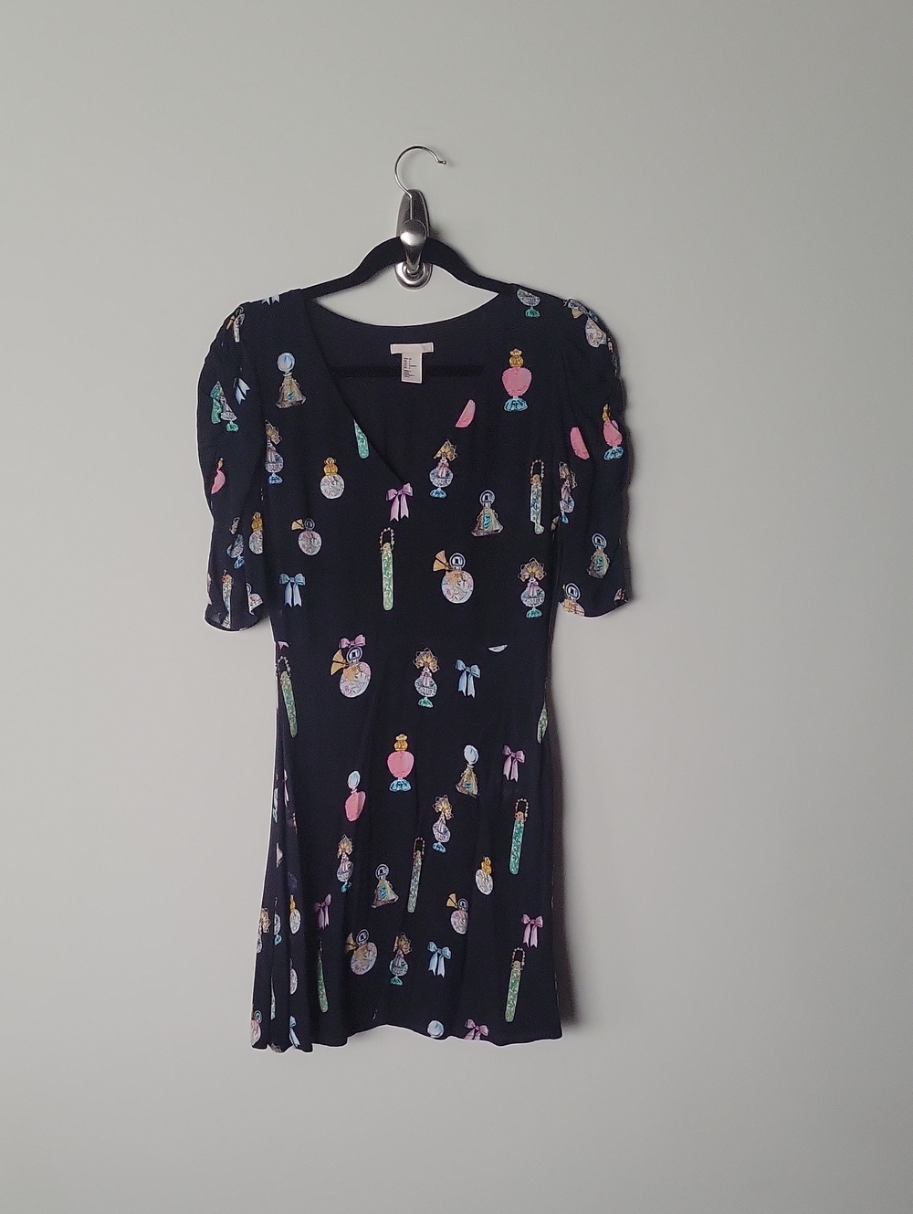 H&M Novelty Print Whimsigoth Puff Slv Doll Mini Bows Coquette Retro Dress S 4